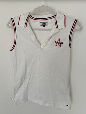 Vintage Y2K Tommy Jeans White Sleeveless Polo with Red & Navy Trim - S